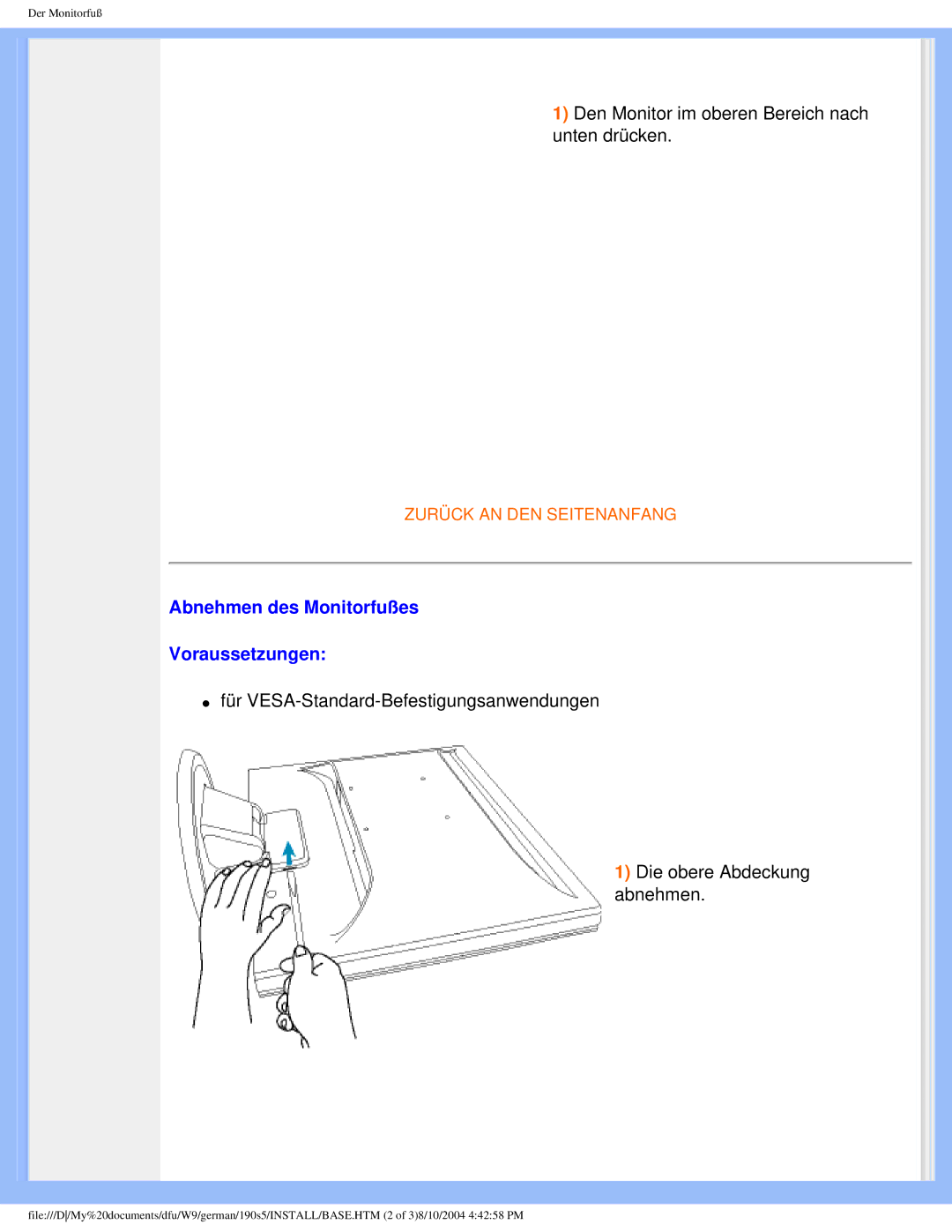 Philips 190S5 user manual Abnehmen des Monitorfußes Voraussetzungen 