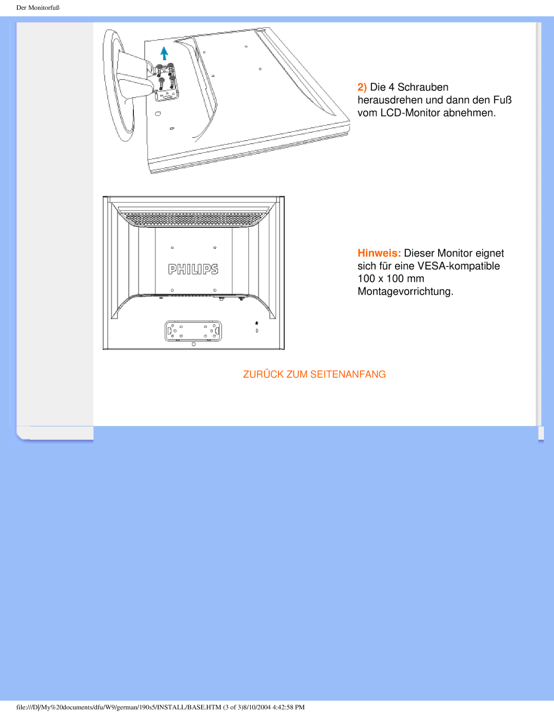 Philips 190S5 user manual Zurück ZUM Seitenanfang 