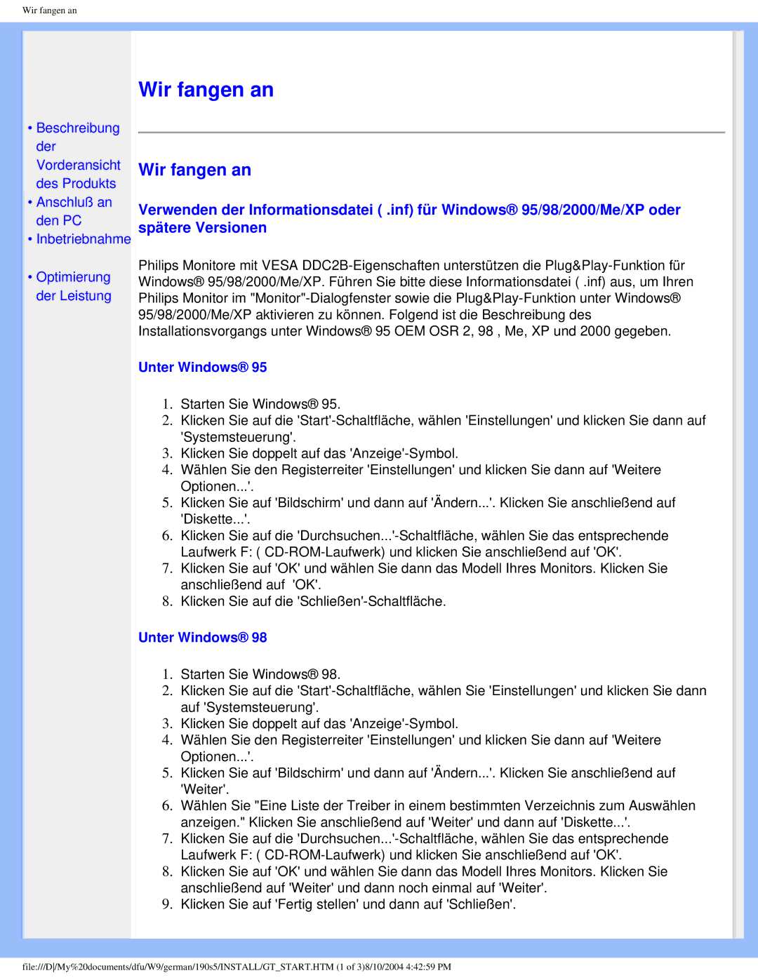 Philips 190S5 user manual Wir fangen an, Unter Windows 