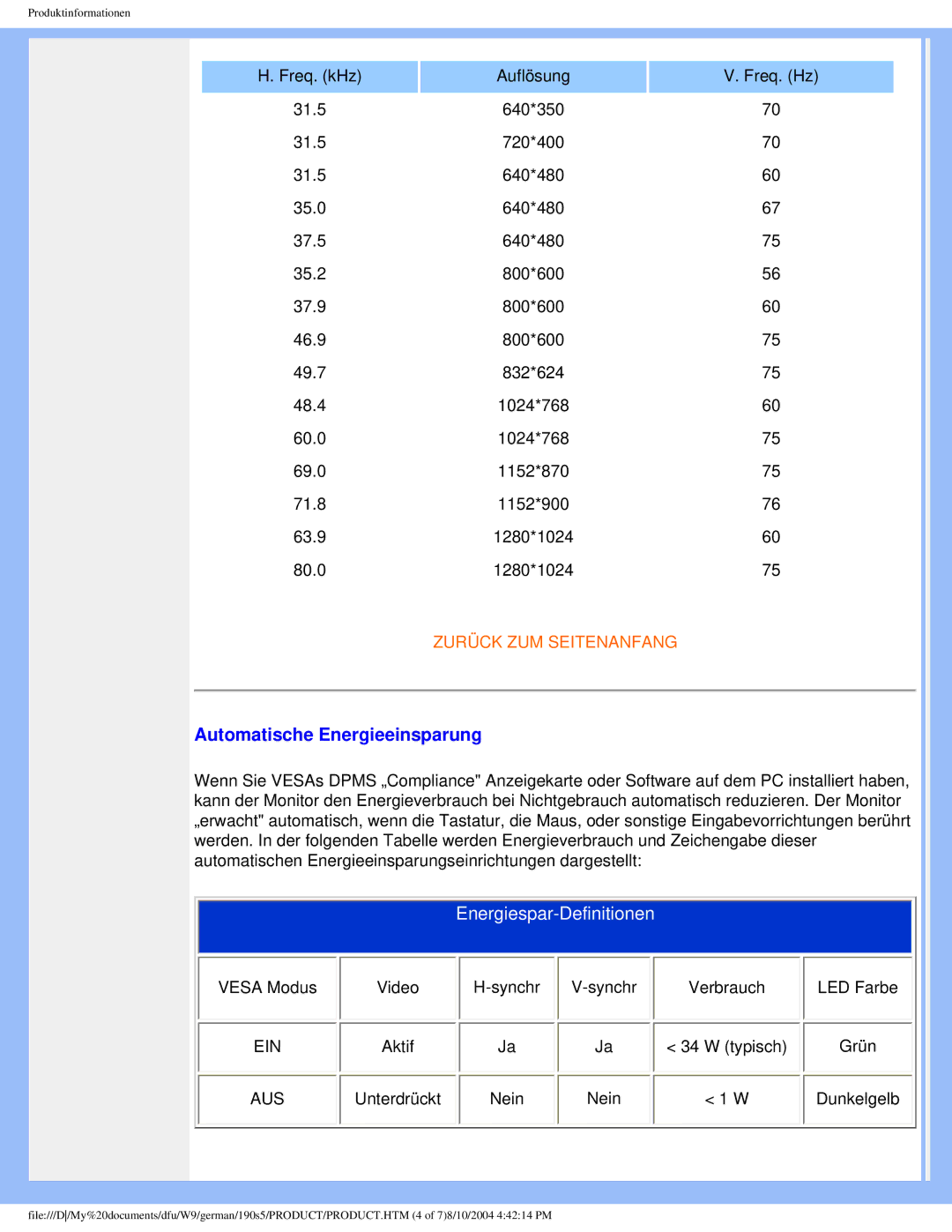 Philips 190S5 user manual Automatische Energieeinsparung, Energiespar-Definitionen 