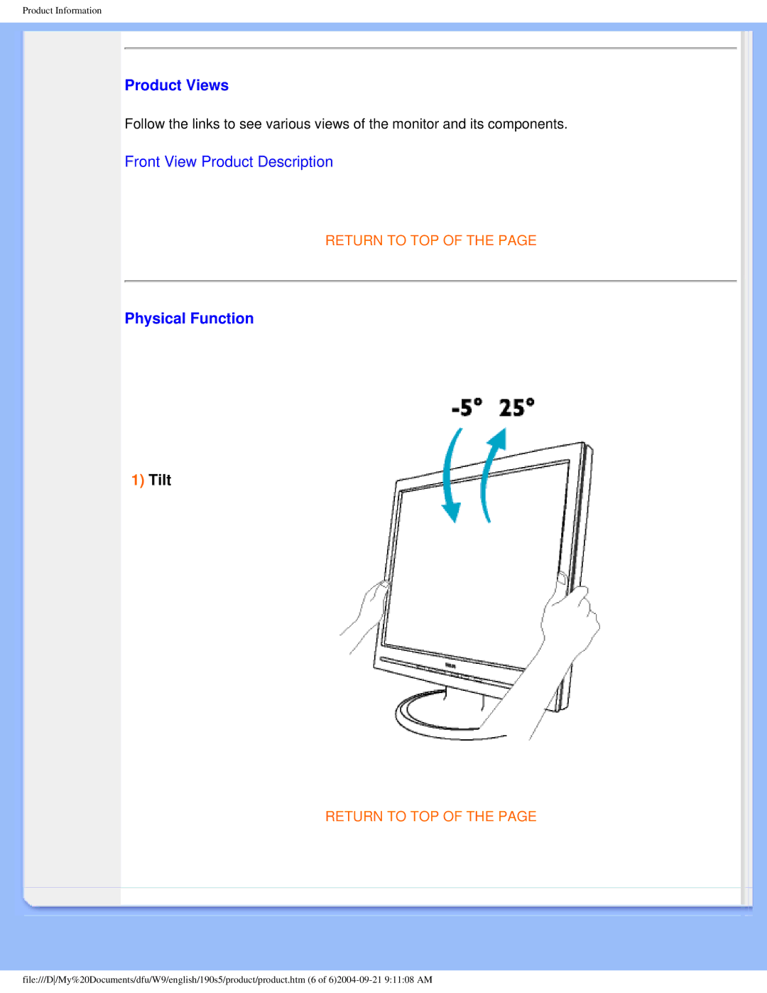 Philips 190S5 user manual Product Views, Physical Function 