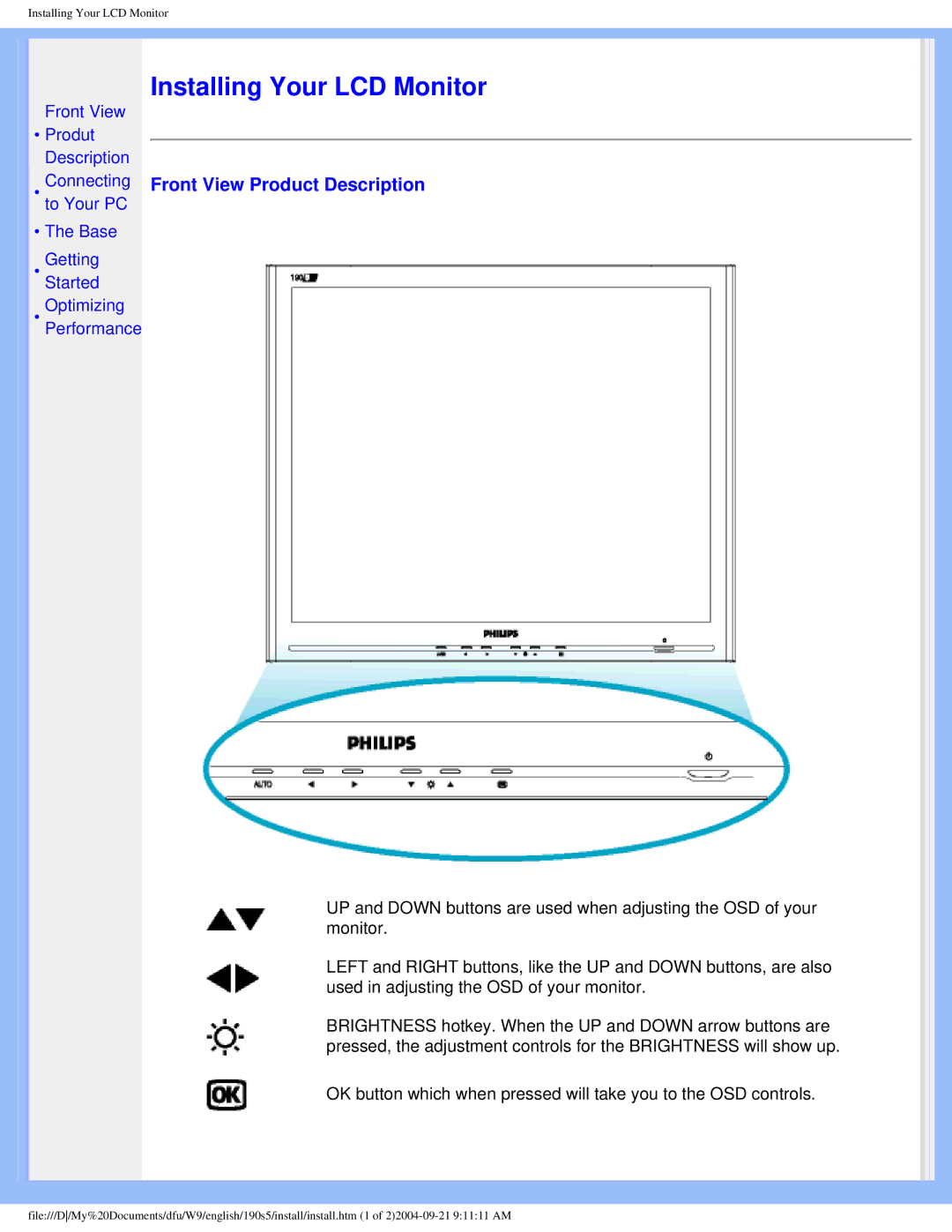 Philips 190S5 user manual Installing Your LCD Monitor, Front View Product Description 