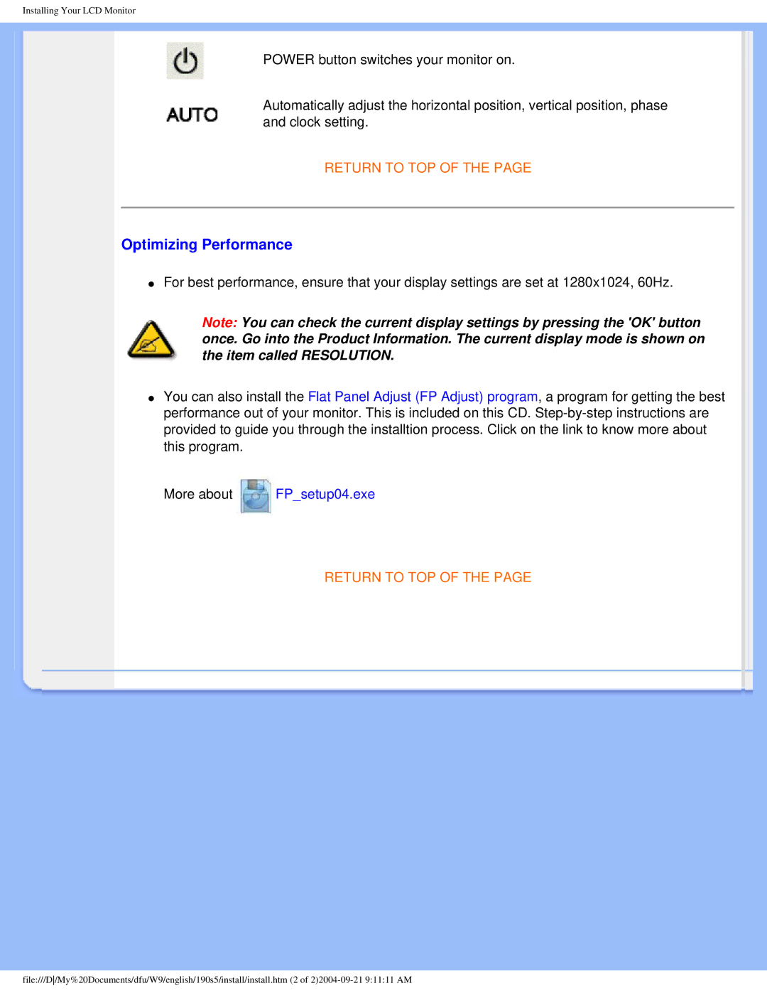 Philips 190S5 user manual Optimizing Performance 