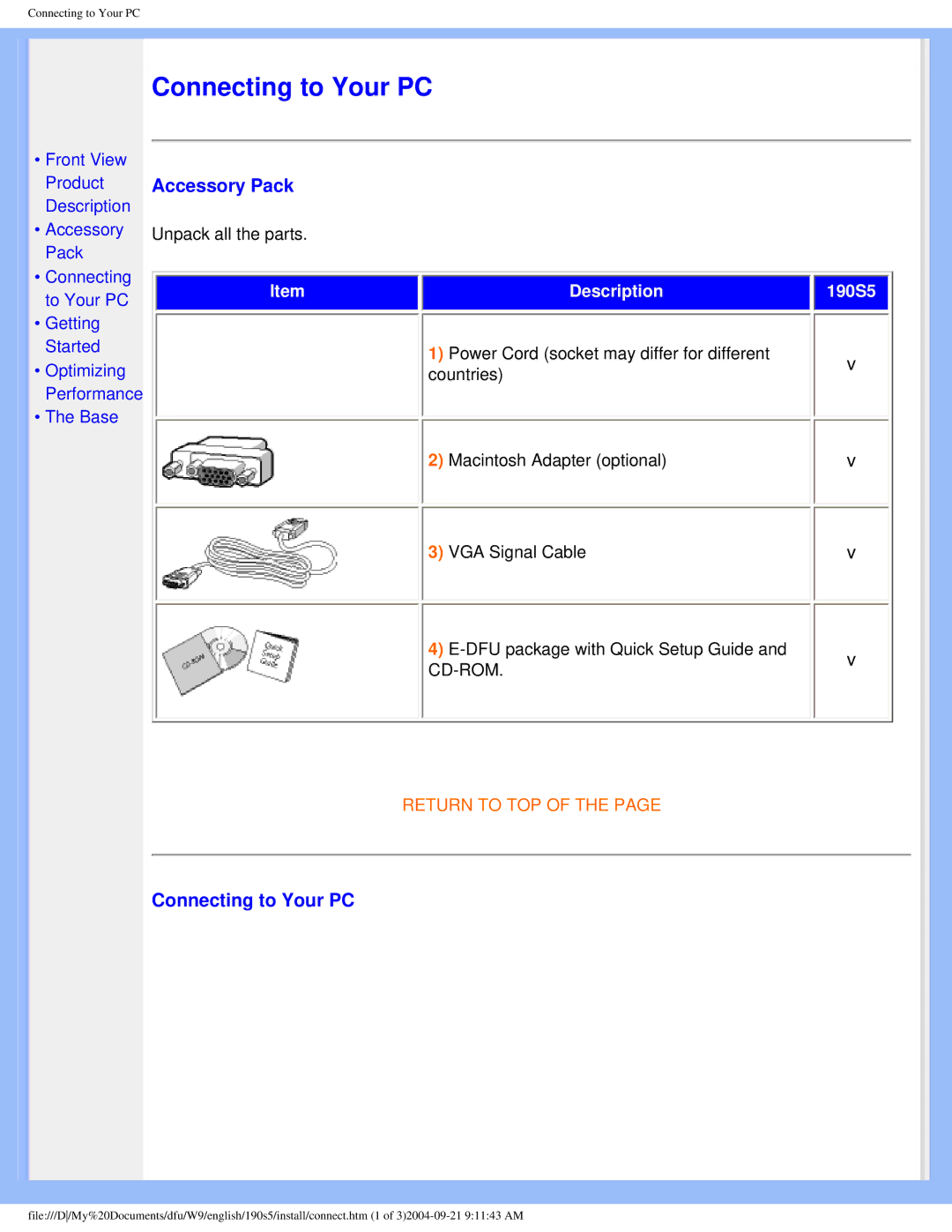 Philips 190S5 user manual Accessory Pack, Connecting to Your PC 