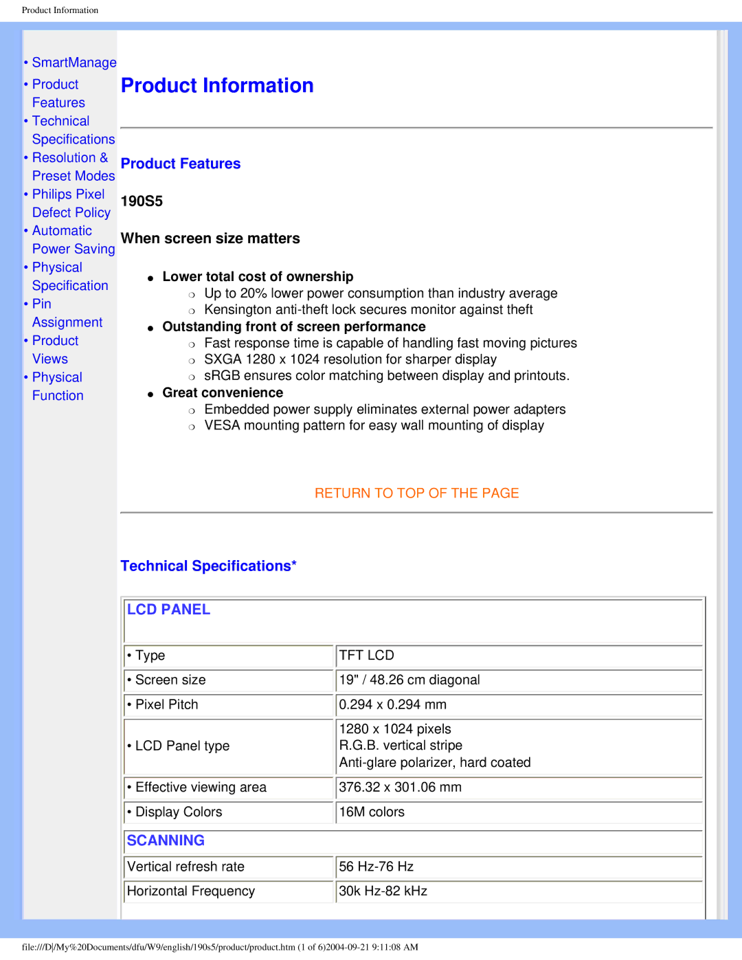 Philips 190S5 user manual Product Features, Technical Specifications 