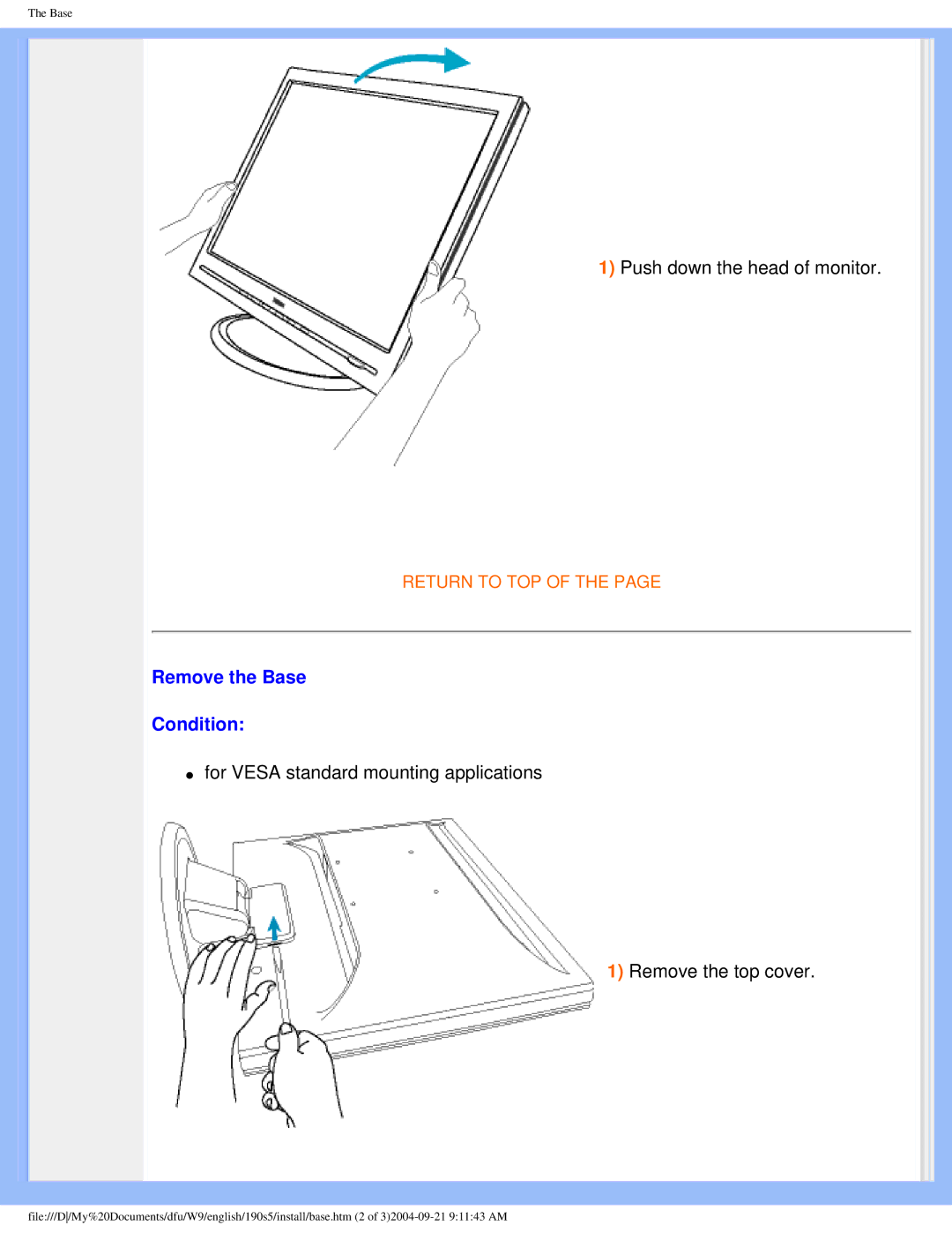 Philips 190S5 user manual Remove the Base Condition 