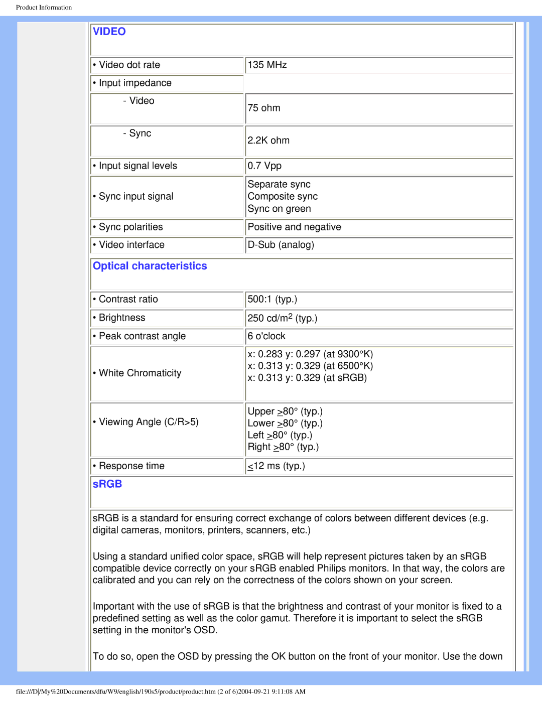 Philips 190S5 user manual Video 