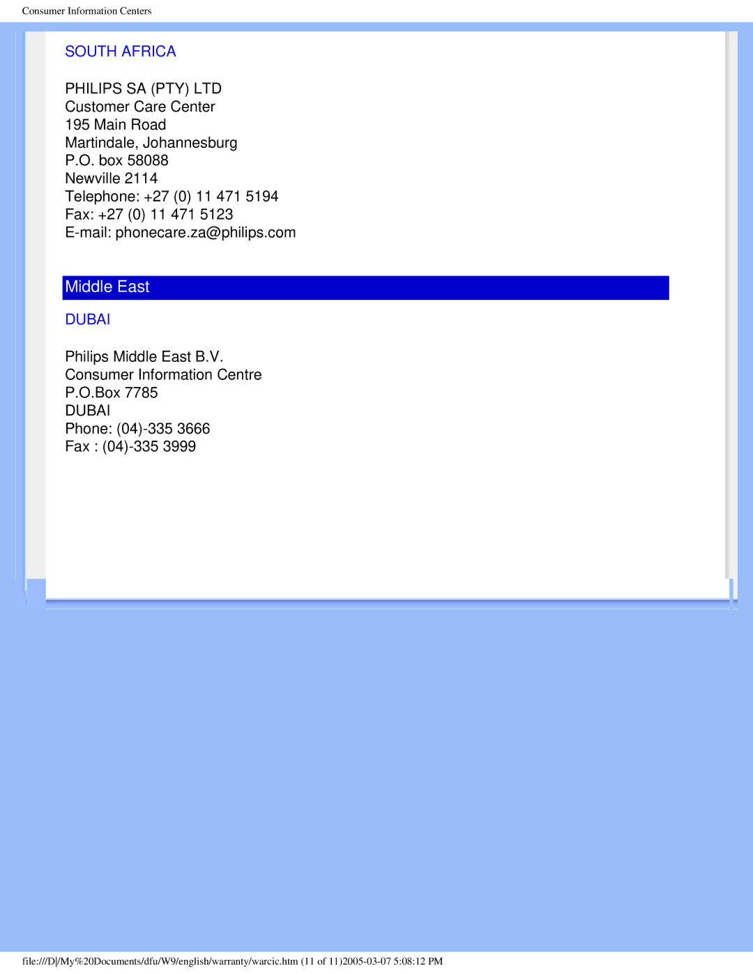 Philips 190S5 user manual South Africa, Dubai 