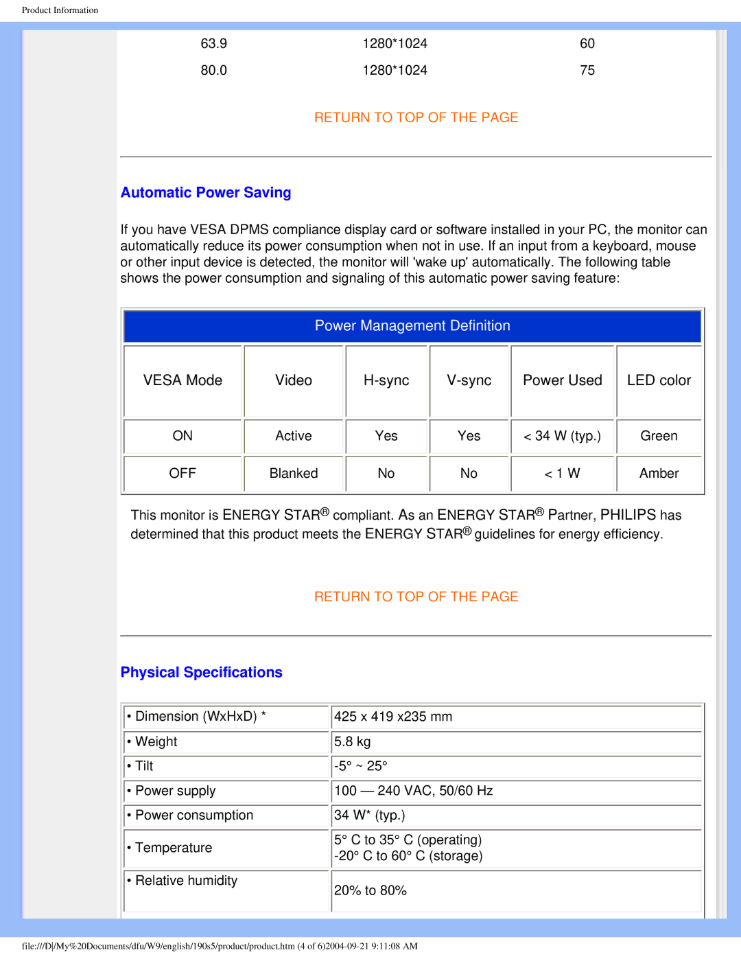 Philips 190S5 user manual Automatic Power Saving, Physical Specifications 