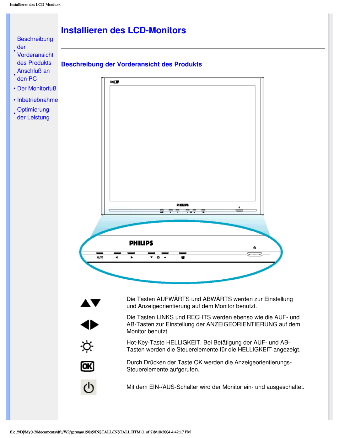 Philips 190S5 user manual Installieren des LCD-Monitors, Beschreibung der Vorderansicht des Produkts 