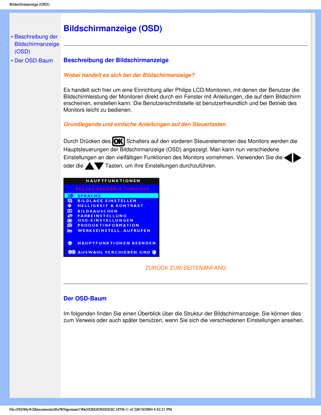 Philips 190S5 Bildschirmanzeige OSD, Beschreibung der Bildschirmanzeige, •Der OSD-Baum, Zurück Zum Seitenanfang 
