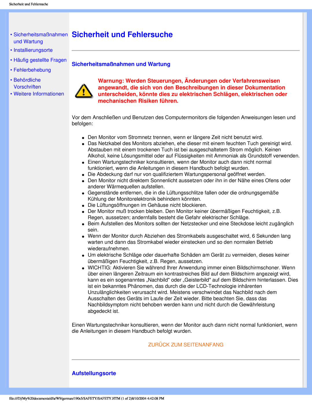 Philips 190S5 Sicherheit und Fehlersuche, Sicherheitsmaßnahmen und Wartung, Aufstellungsorte, •Weitere Informationen 