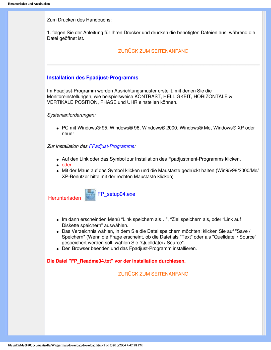 Philips 190S5 user manual Installation des Fpadjust-Programms, Herunterladen FP_setup04.exe, Zurück Zum Seitenanfang 