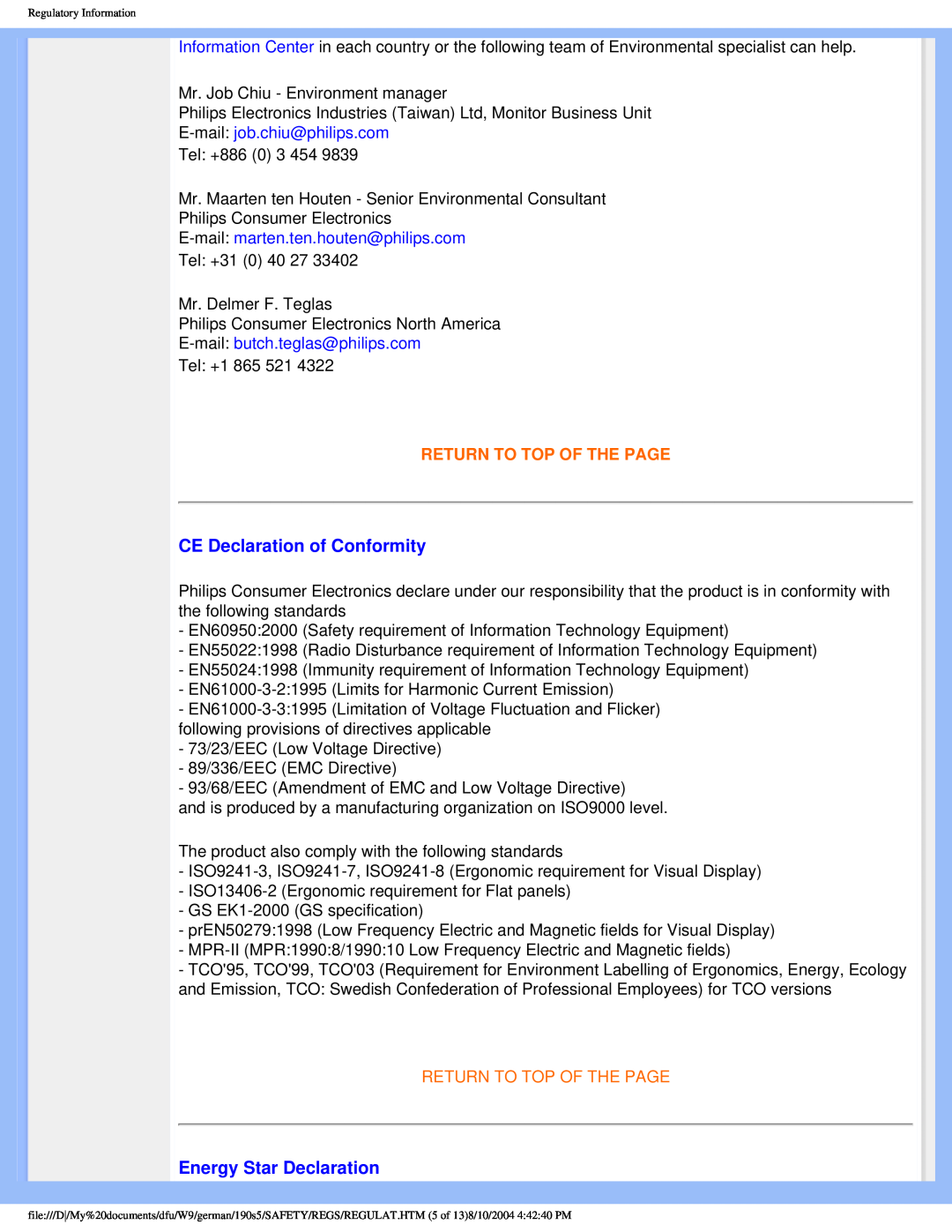 Philips 190S5 user manual CE Declaration of Conformity, Energy Star Declaration, E-mail: job.chiu@philips.com 