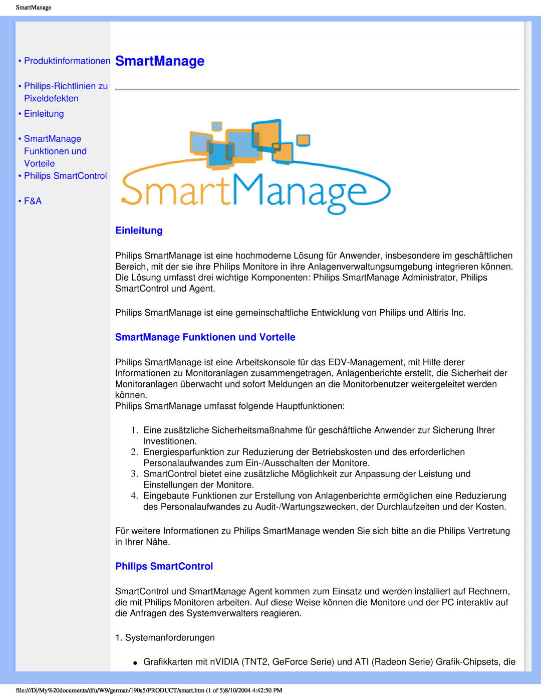 Philips 190S5 user manual Einleitung, SmartManage Funktionen und Vorteile, Philips SmartControl, •Produktinformationen 