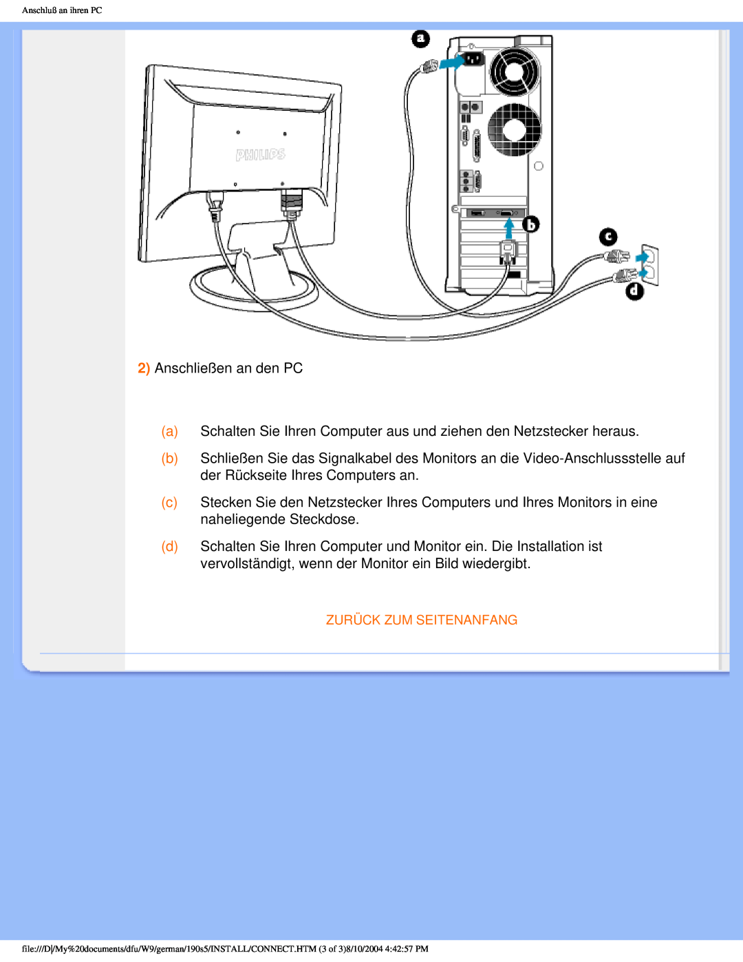Philips 190S5 user manual 2Anschließen an den PC 