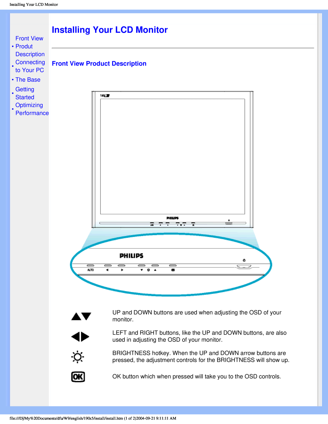Philips 190S5 user manual Installing Your LCD Monitor, Front View Product Description, Front View Produt Description 