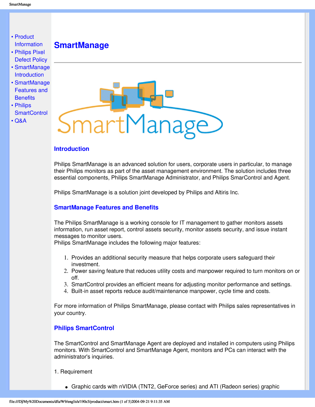 Philips 190S5 user manual SmartManage Features and Benefits, Philips SmartControl, SmartManage Introduction 