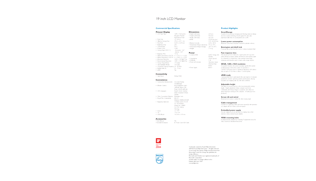 Philips 190S5CB specifications Picture/ Display, Dimensions, Power, Connectivity, Convenience, Accessories 