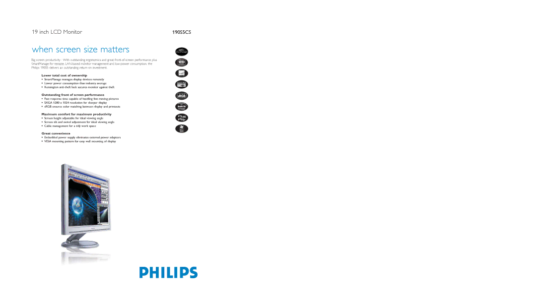 Philips 190S5CS specifications Lower total cost of ownership, Outstanding front of screen performance, Great convenience 