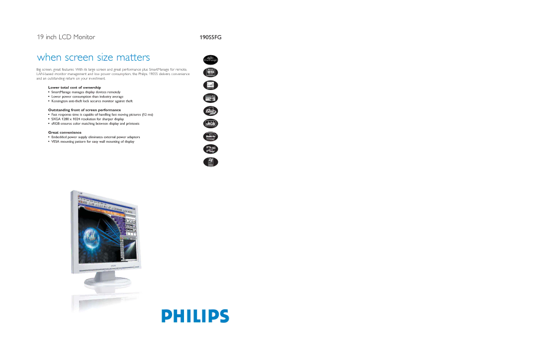 Philips 190S5FG specifications Lower total cost of ownership, Outstanding front of screen performance, Great convenience 