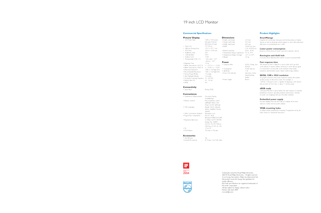 Philips 190S5FG specifications Picture/ Display, Dimensions, Power, Connectivity, Convenience, Accessories 