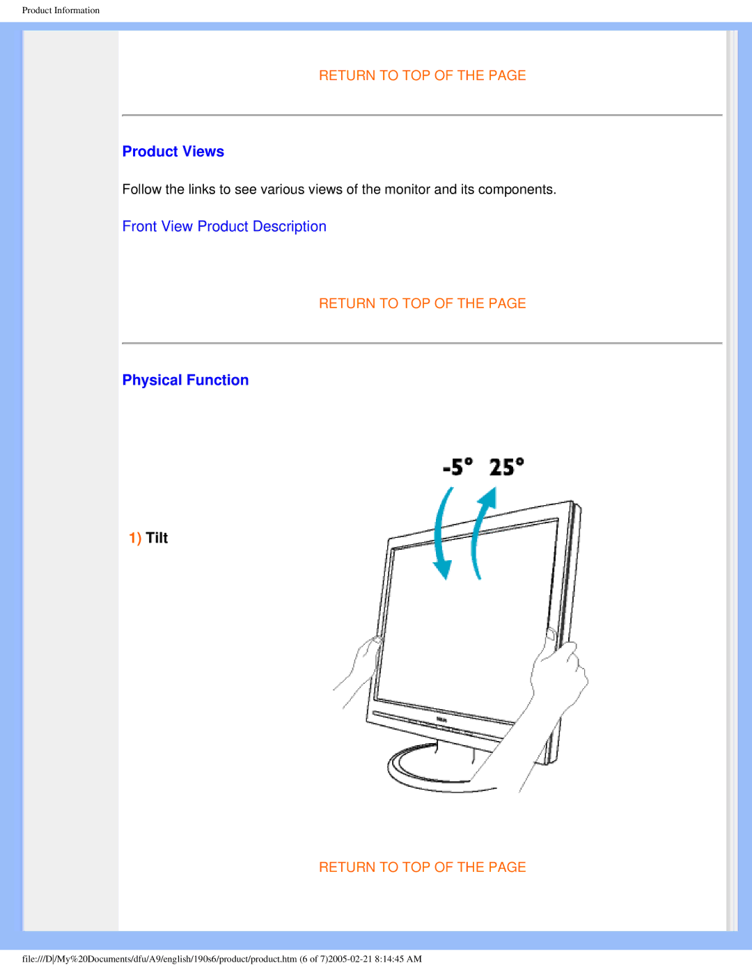 Philips 190S6 user manual Product Views, Physical Function 