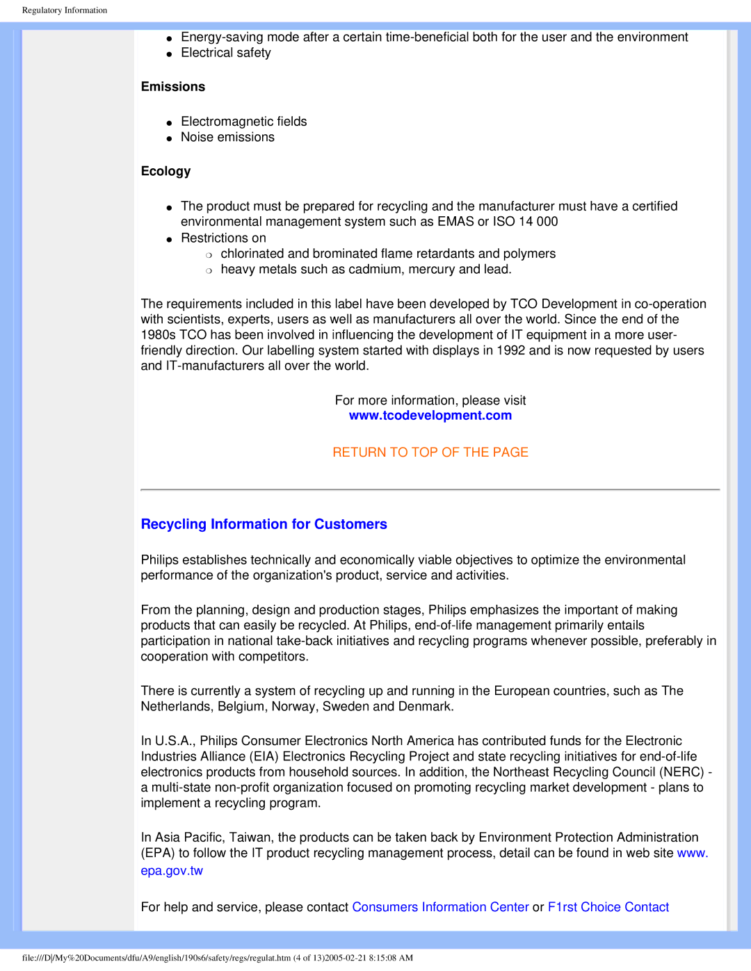 Philips 190S6 user manual Recycling Information for Customers, Emissions, Ecology 