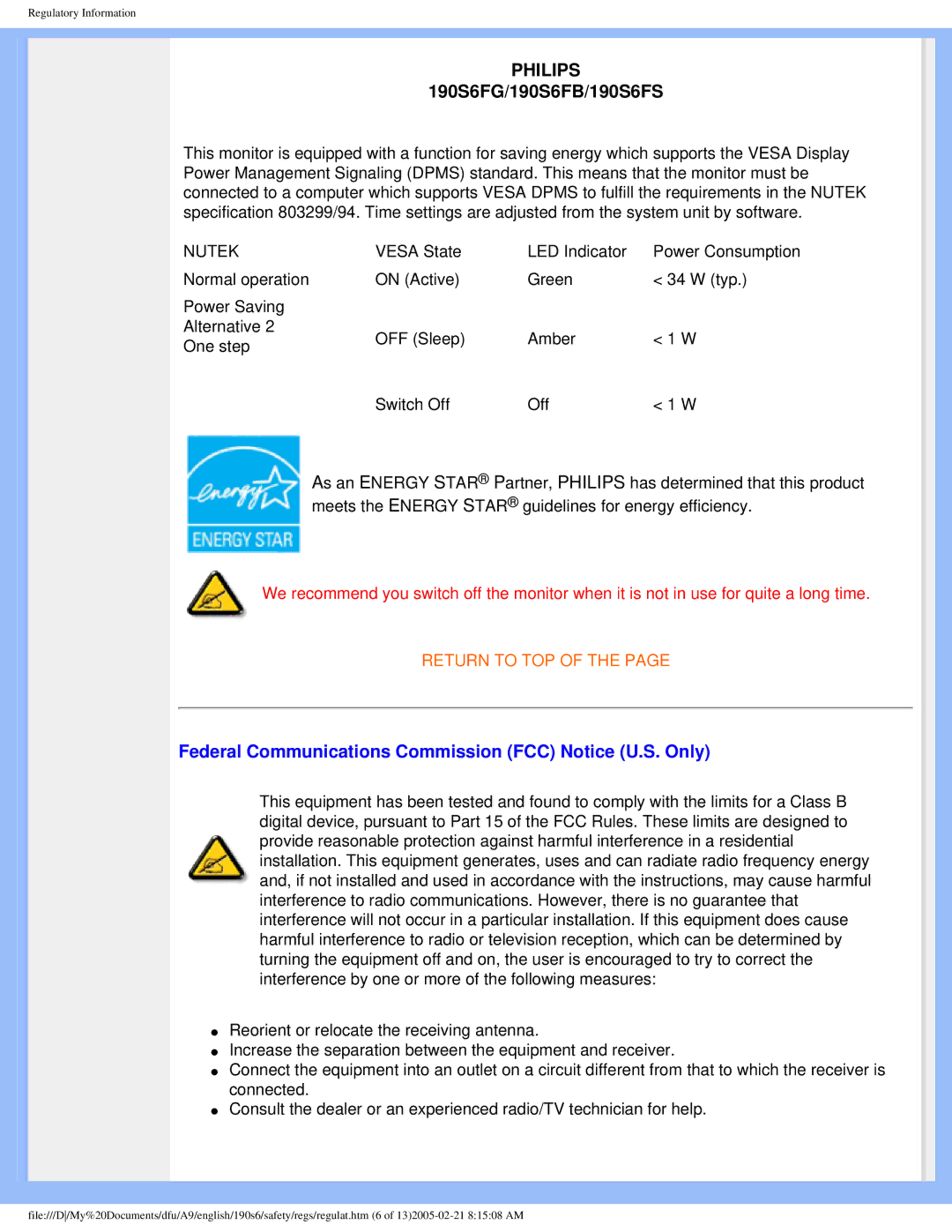 Philips 190S6 user manual Philips, Federal Communications Commission FCC Notice U.S. Only 