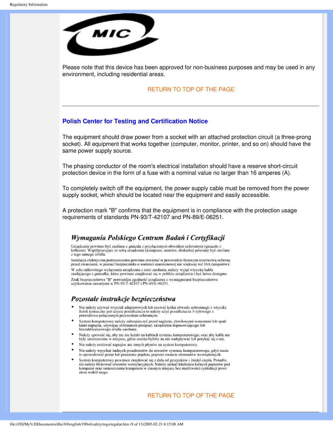 Philips 190S6 user manual Polish Center for Testing and Certification Notice 