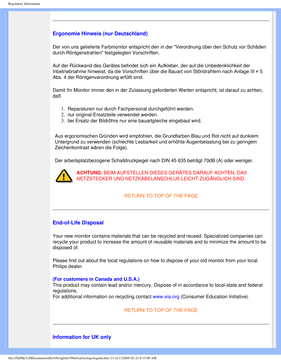 Philips 190S6 user manual Ergonomie Hinweis nur Deutschland, End-of-Life Disposal, Information for UK only 