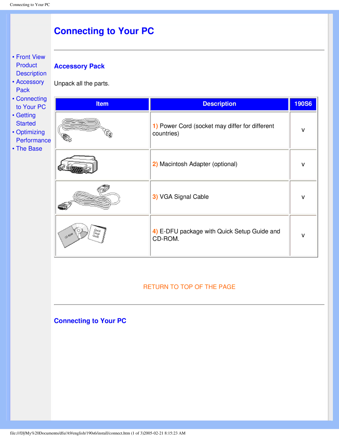 Philips 190S6 user manual Accessory Pack, Connecting to Your PC 