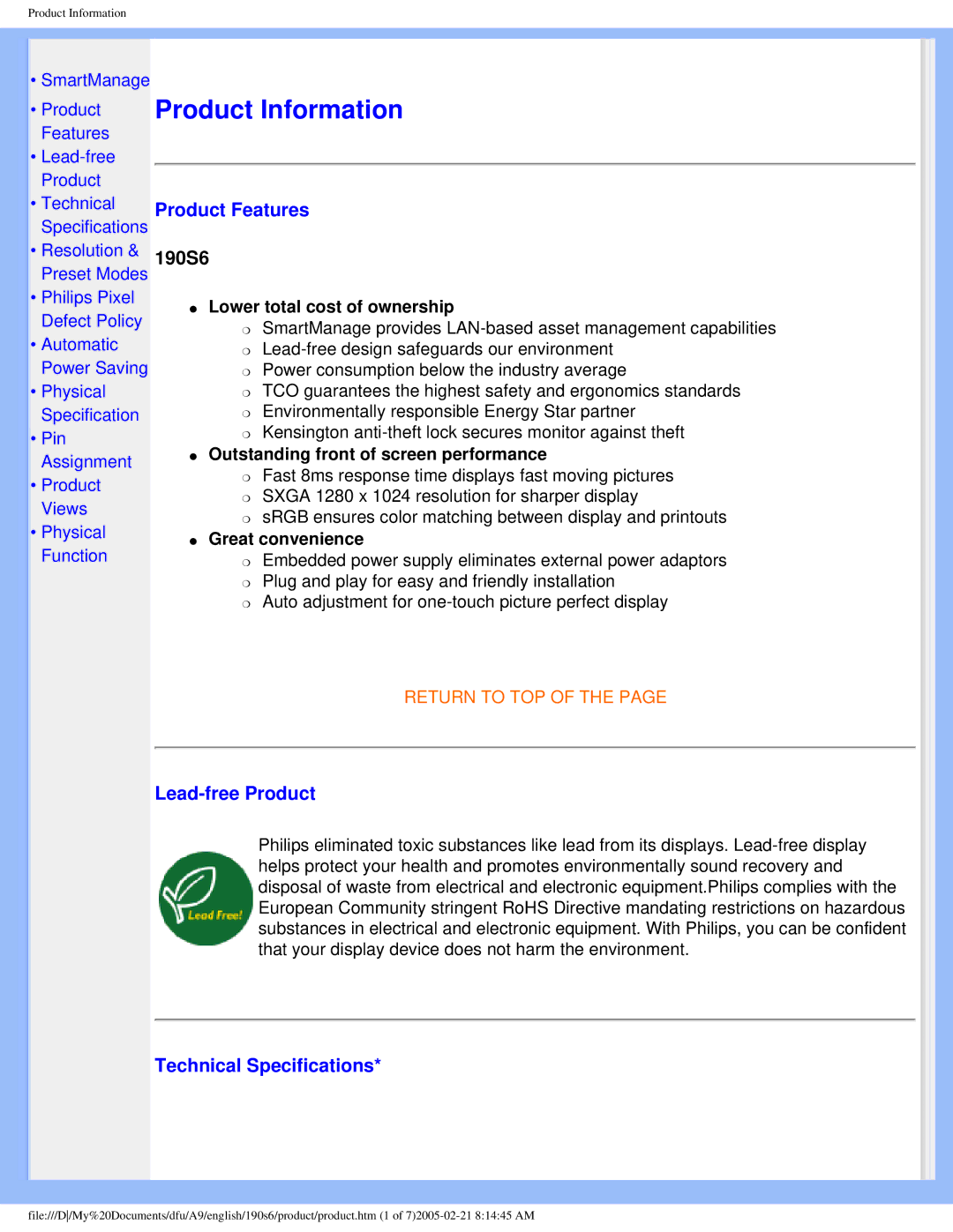 Philips 190S6 user manual Product Features, Lead-free Product, Technical Specifications 