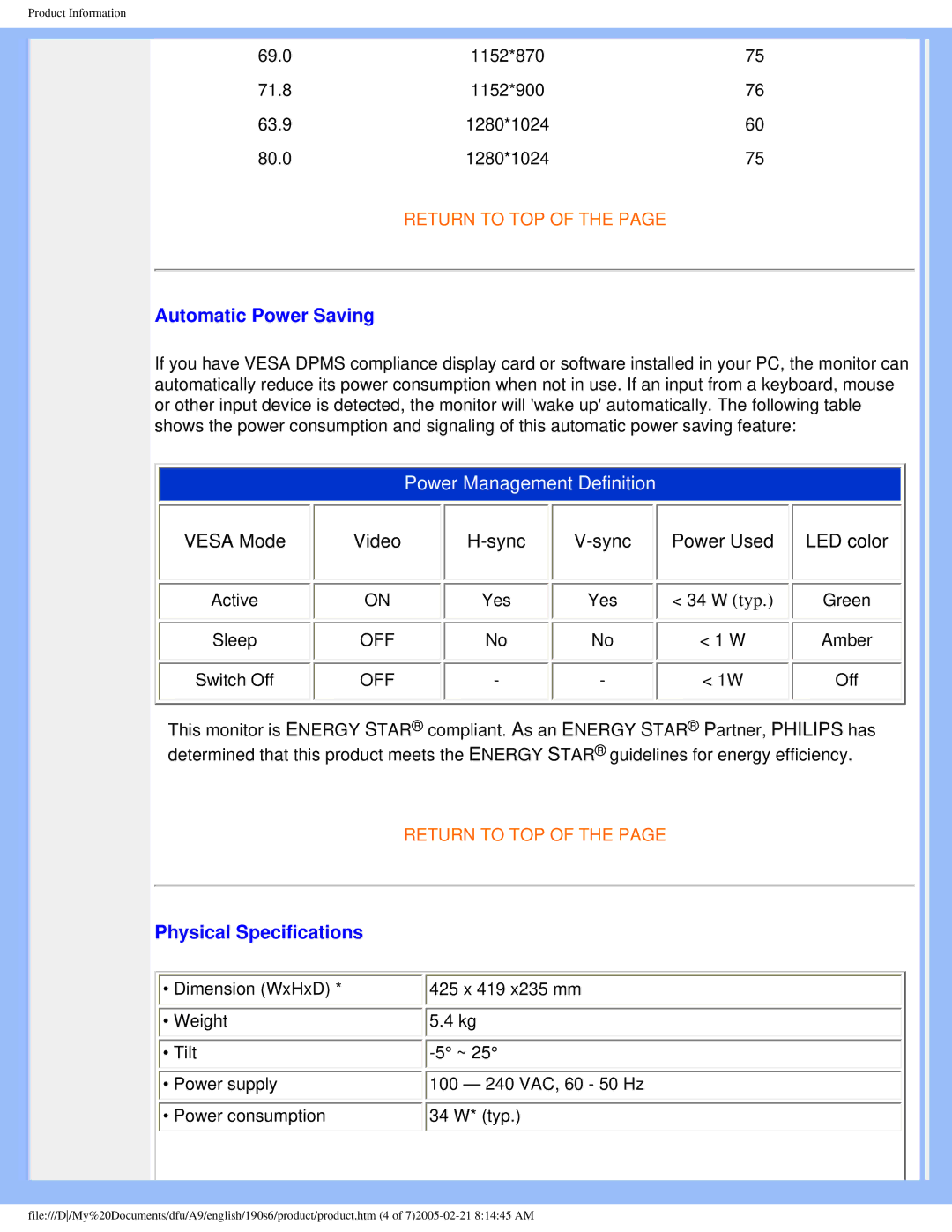 Philips 190S6 user manual Automatic Power Saving, Physical Specifications 