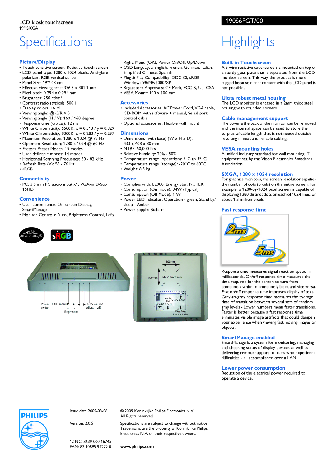 Philips 190S6FGT Picture/Display, Built-in Touchscreen, Ultra robust metal housing, Accessories, Cable management support 