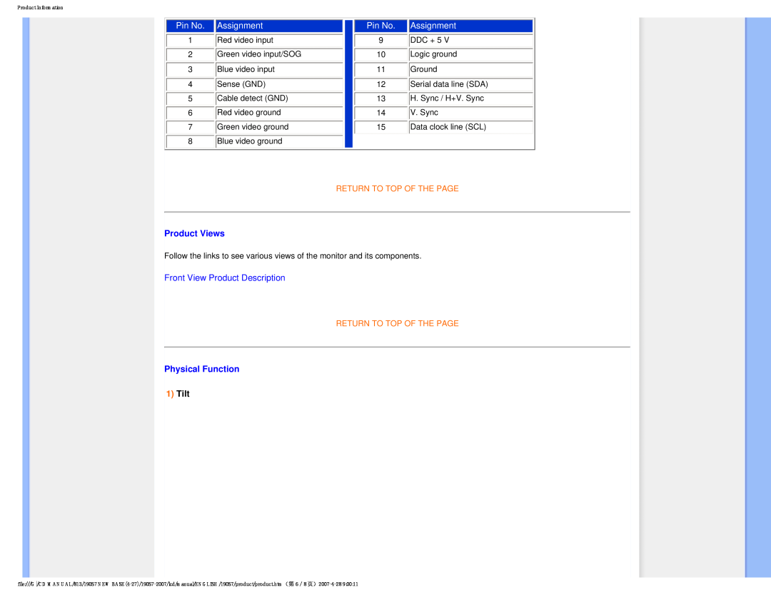 Philips 190S7 user manual Assignment, Pin No, Product Views, Front View Product Description, Physical Function, Tilt 