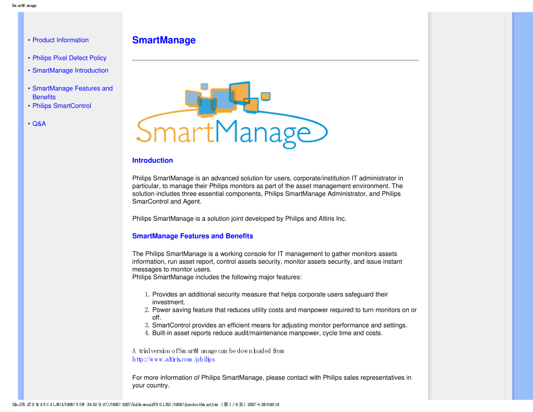 Philips 190S7 Introduction, SmartManage Features and Benefits, A trial version of SmartManage can be downloaded from 