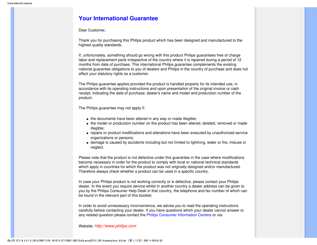 Philips 190S7 user manual Your International Guarantee 