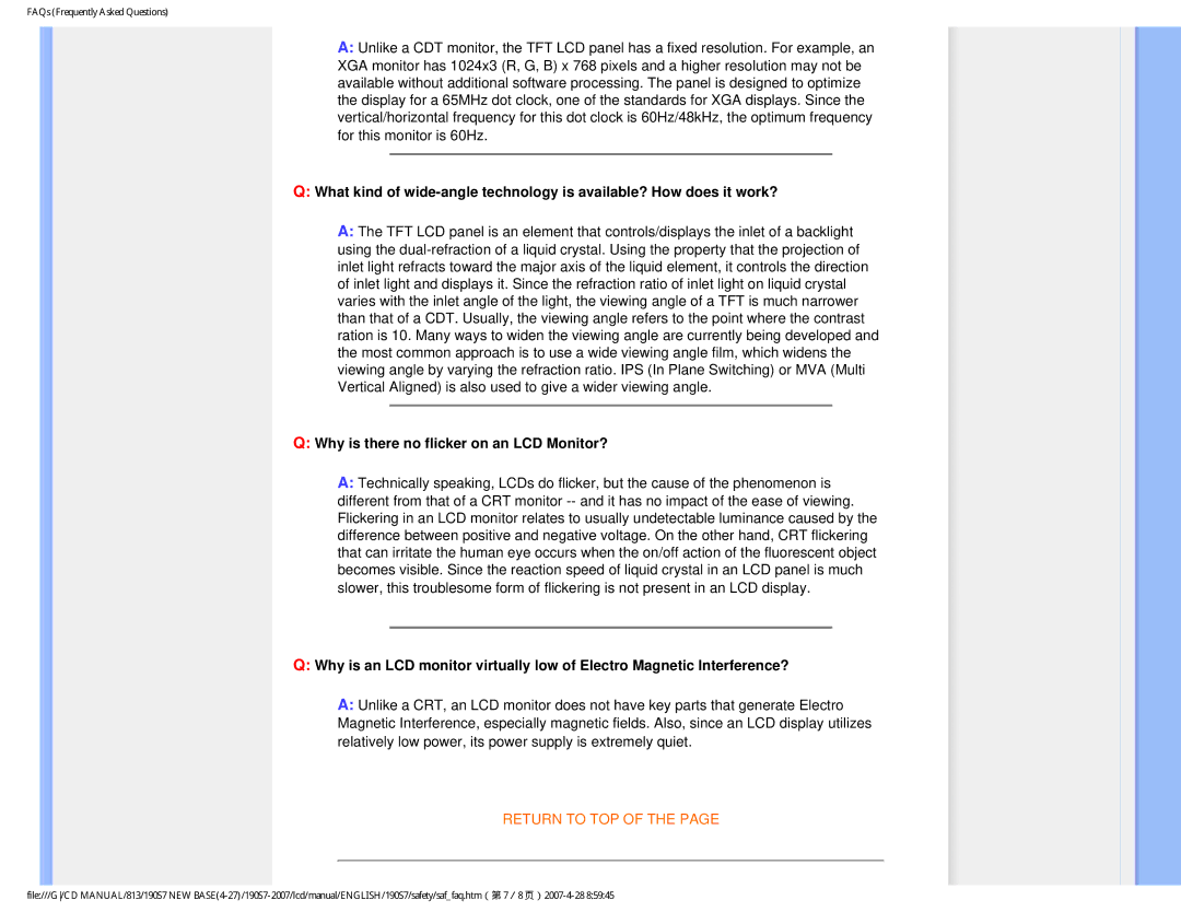 Philips 190S7 user manual Why is there no flicker on an LCD Monitor? 