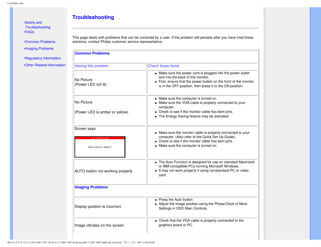 Philips 190S7 user manual Troubleshooting 