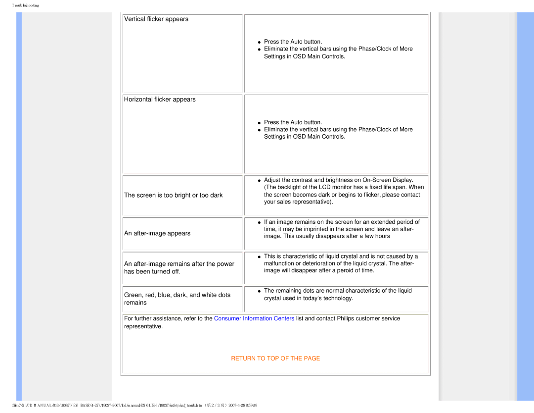 Philips 190S7 user manual Vertical flicker appears 