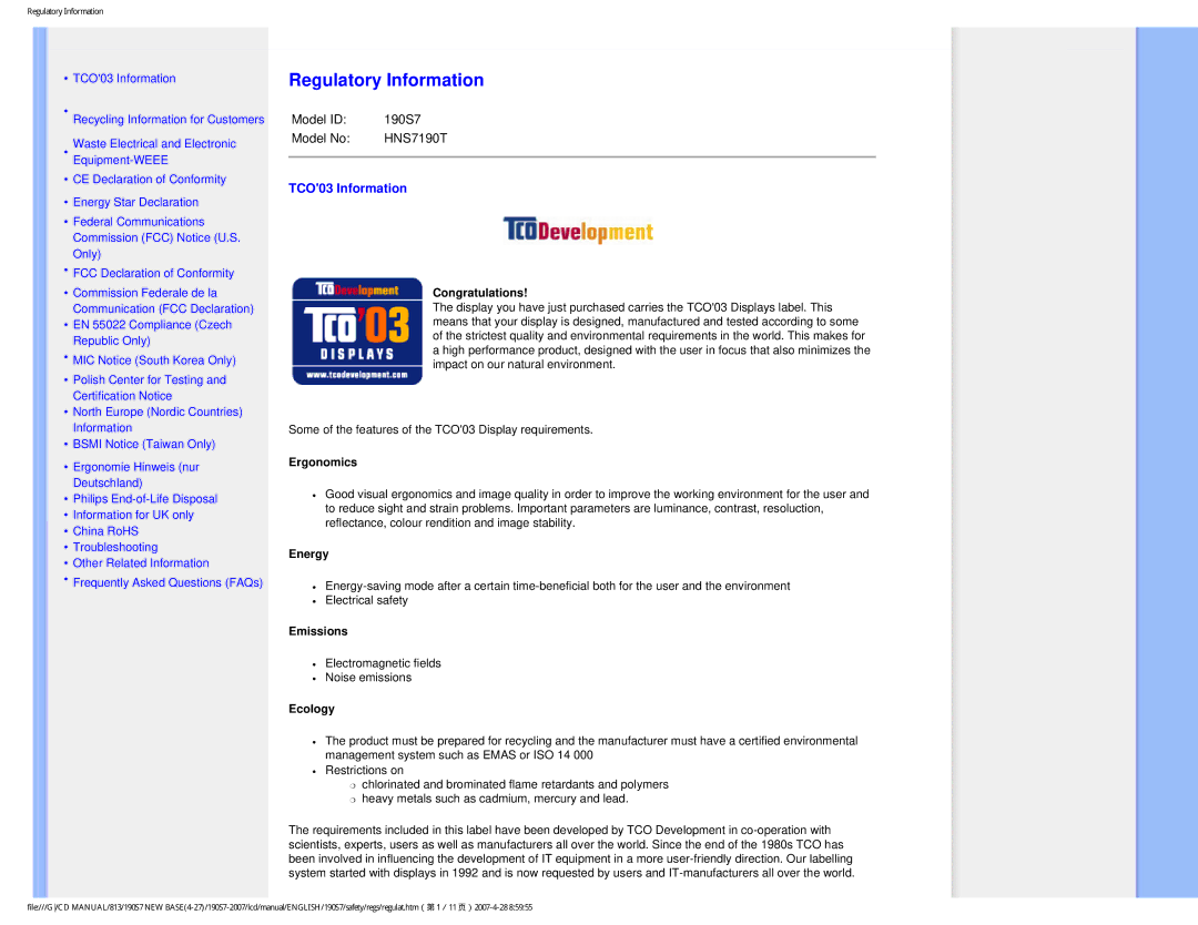 Philips 190S7 user manual Regulatory Information, TCO03 Information 