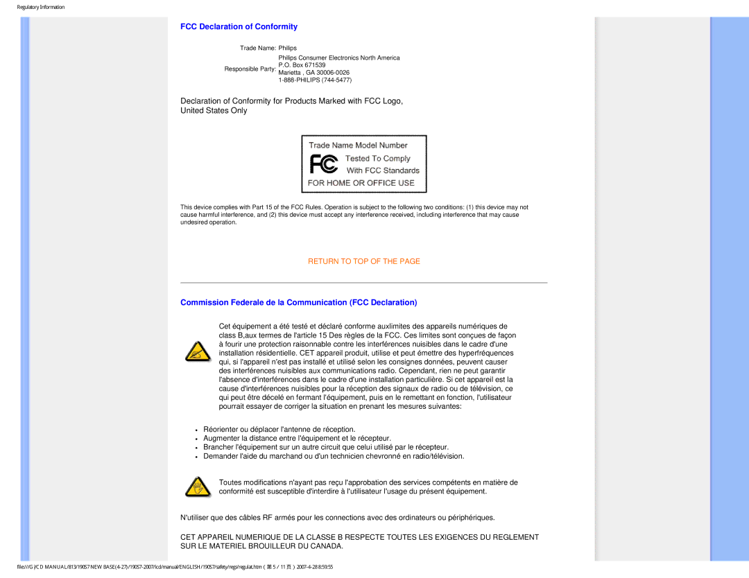 Philips 190S7 user manual FCC Declaration of Conformity, Commission Federale de la Communication FCC Declaration 