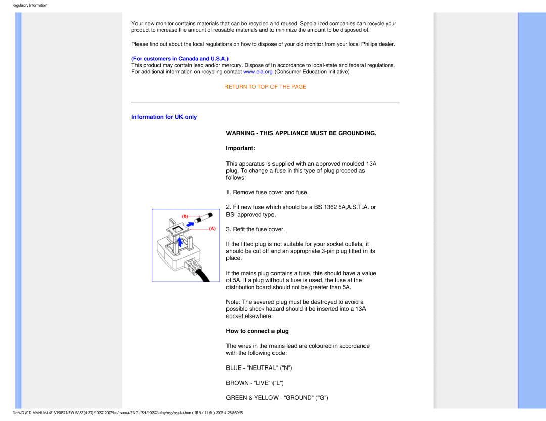 Philips 190S7 user manual Information for UK only, For customers in Canada and U.S.A 