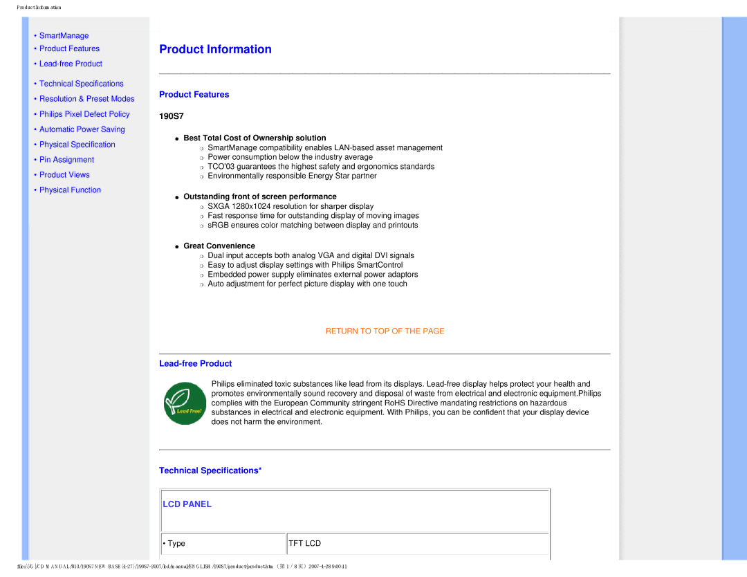 Philips 190S7 user manual Product Information 