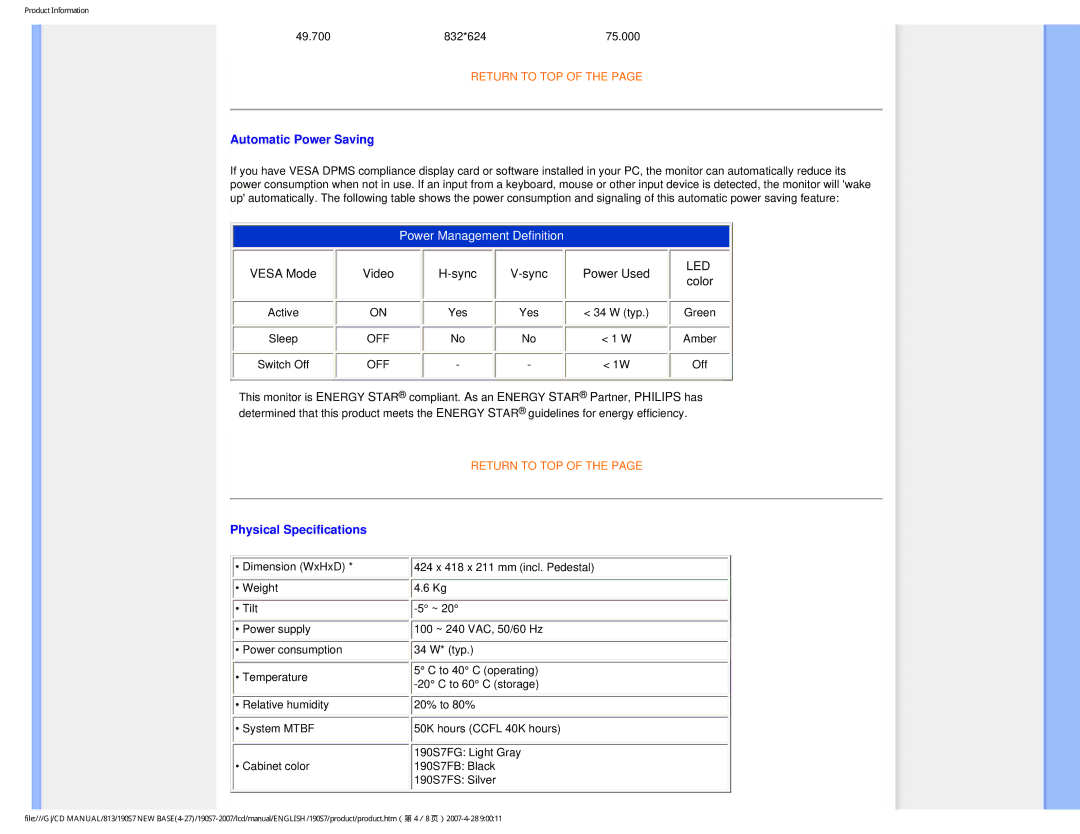 Philips 190S7 user manual Automatic Power Saving 