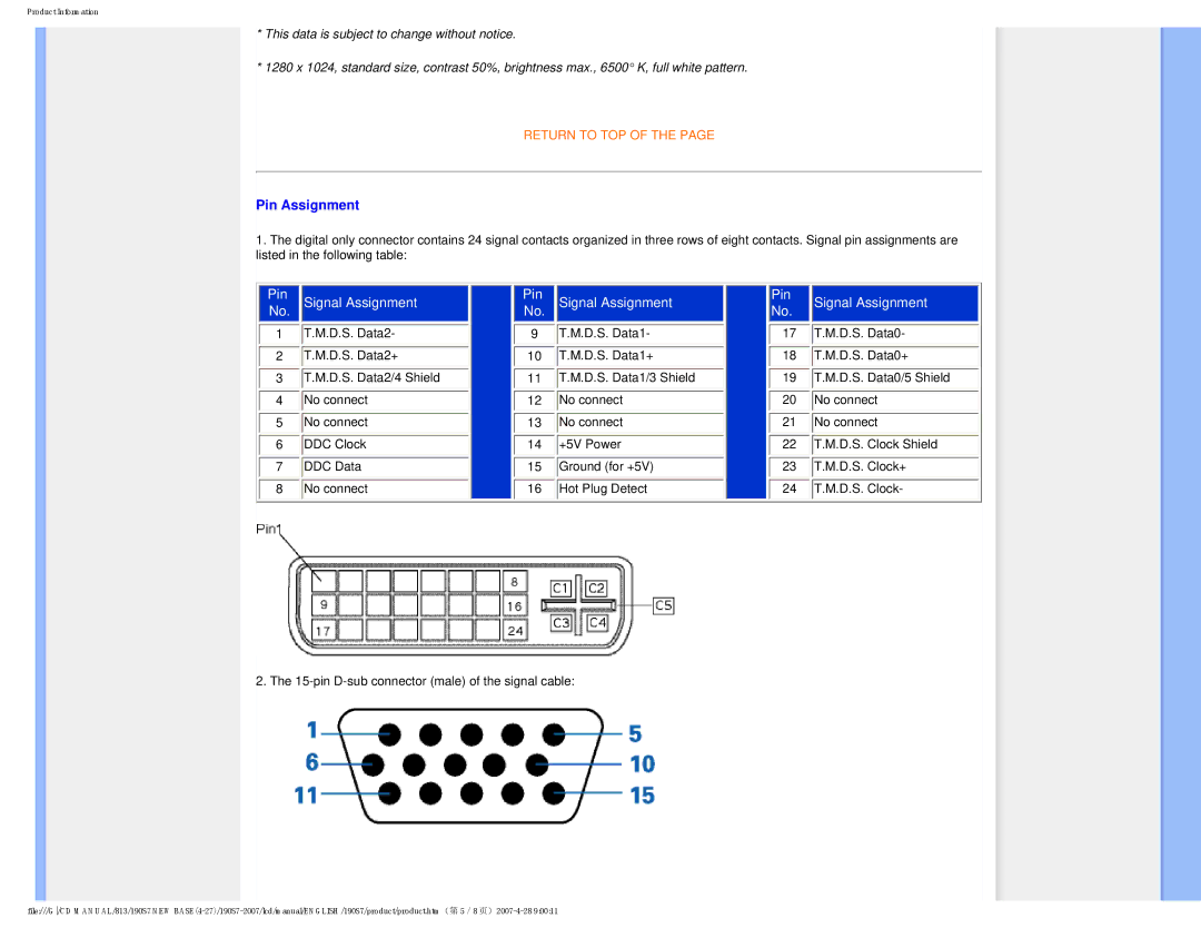 Philips 190S7 user manual Pin Assignment 