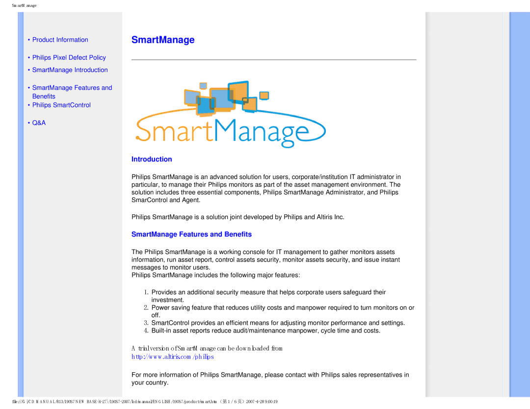 Philips 190S7 user manual Introduction, SmartManage Features and Benefits 