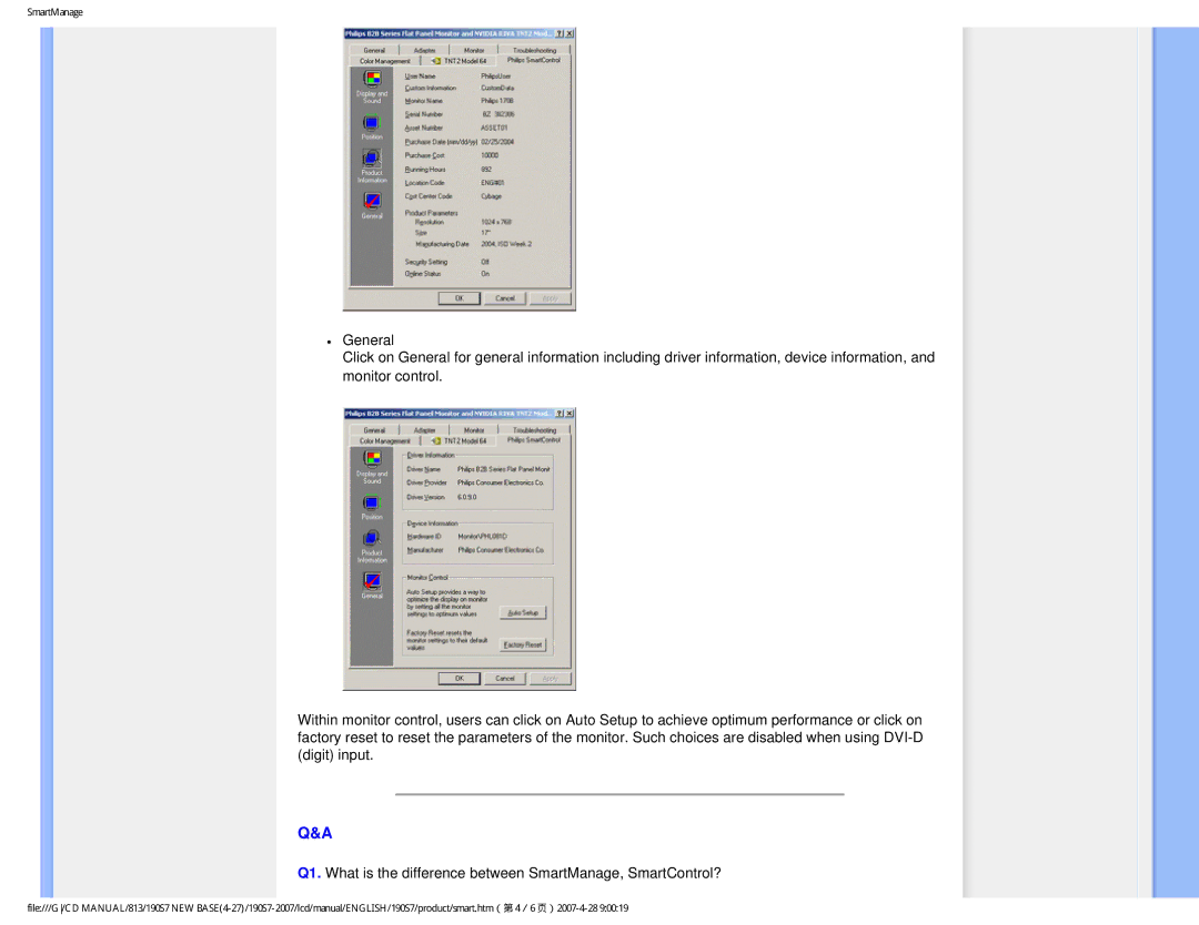 Philips 190S7 user manual SmartManage 