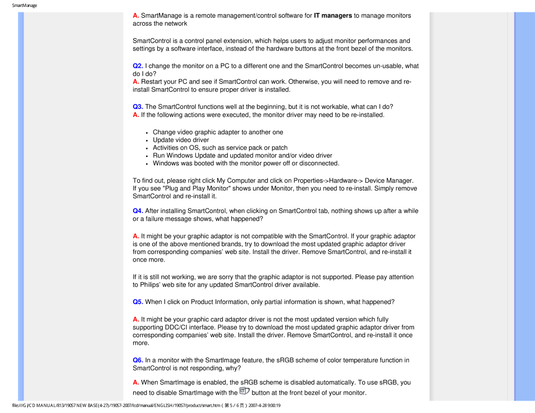 Philips 190S7 user manual SmartManage 